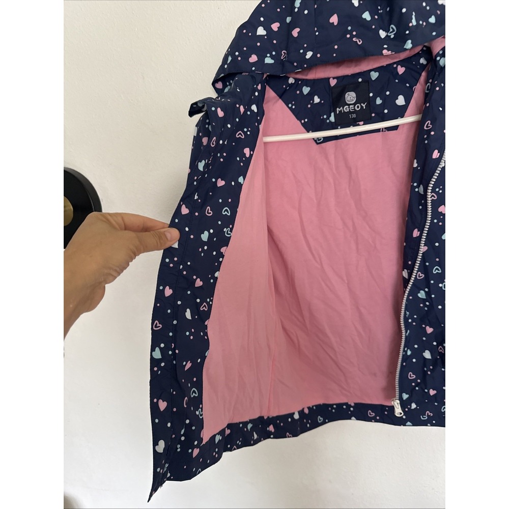 MGEOY Girls Lightweight Waterproof Hooded Rain Jacket Navy Hearts Sz 7-8 - Picture 4 of 7